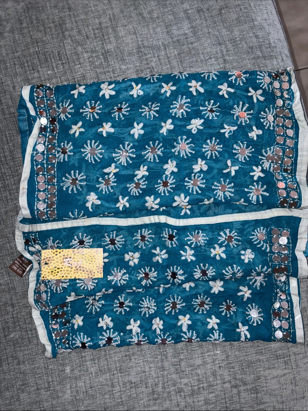 Raj Teal Silk Infinity Scarf with Silver Sequin Embroidery